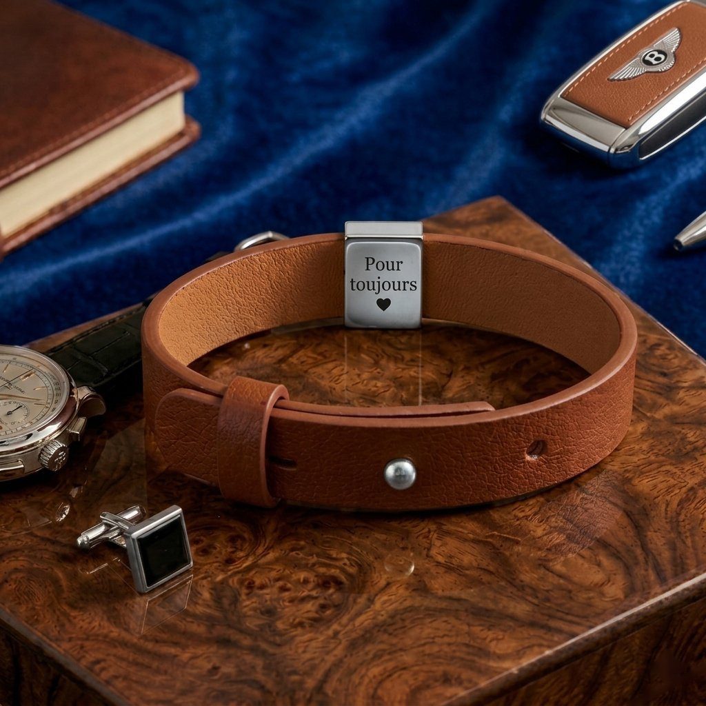 bracelet-homme-personnalise-camel-3 Bracelet homme personnalisé cuir camel — Oréa Joaillerie