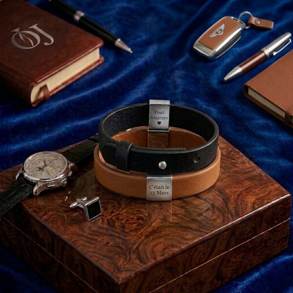 bracelet-homme-personnalise-noir-1 Bracelet homme personnalisé cuir noir gravé — Oréa Joaillerie