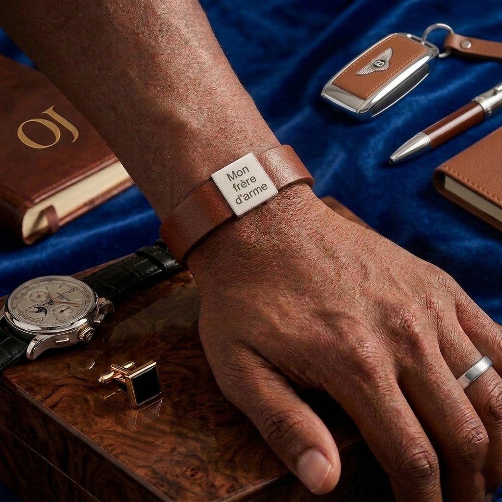 bracelet-homme-personnalise-noir-pose-4 Bracelet homme personnalisé cuir noir — Oréa Joaillerie
