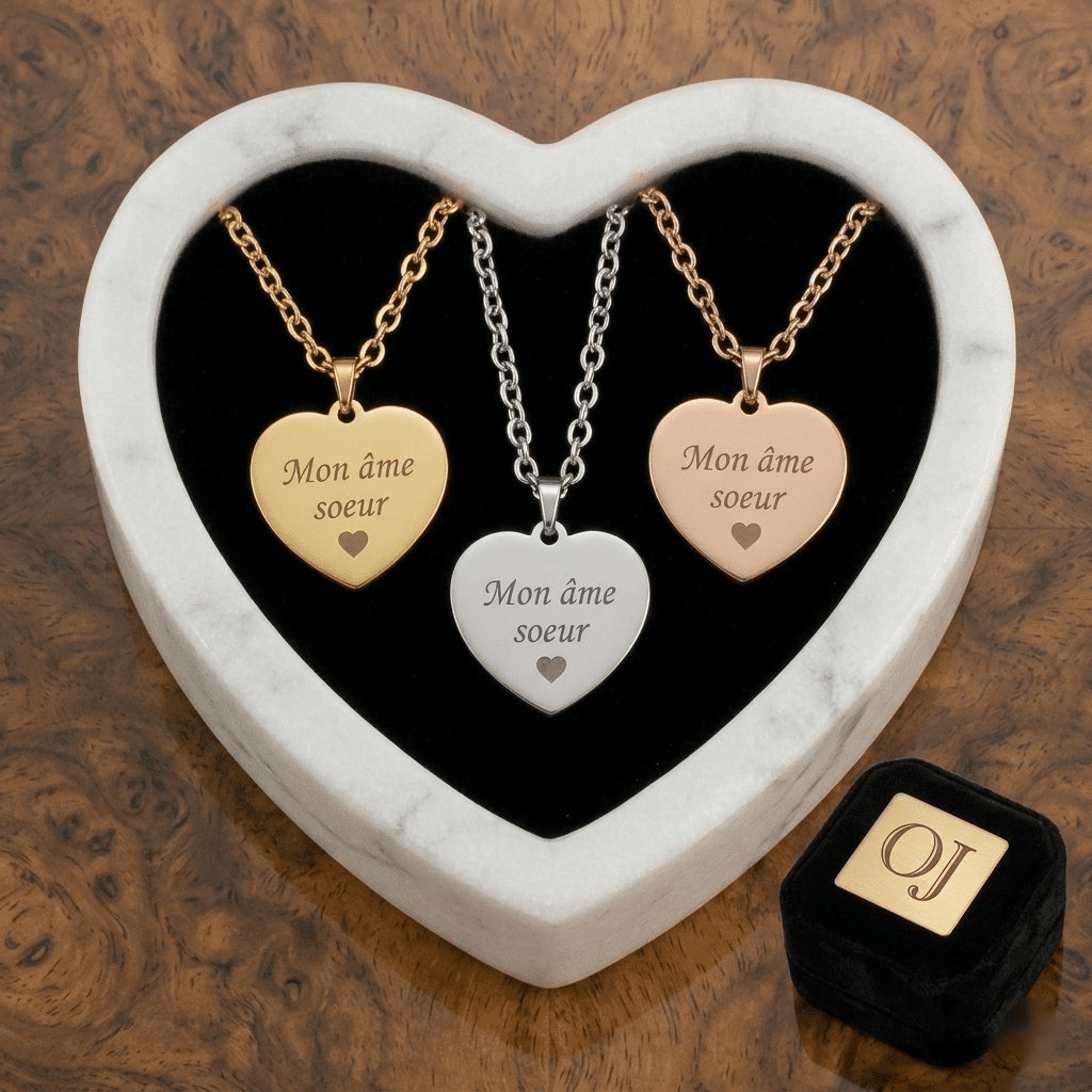 collier-coeur-3-finitions Collier cœur gravé personnalisé 3 finitions or argent rose — Oréa Joaillerie