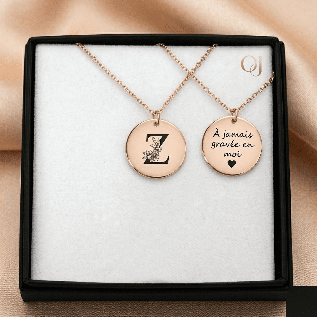 collier-initiale-or-rose Collier initiale florale gravée or rose 18k médaillon personnalisé — Oréa Joaillerie