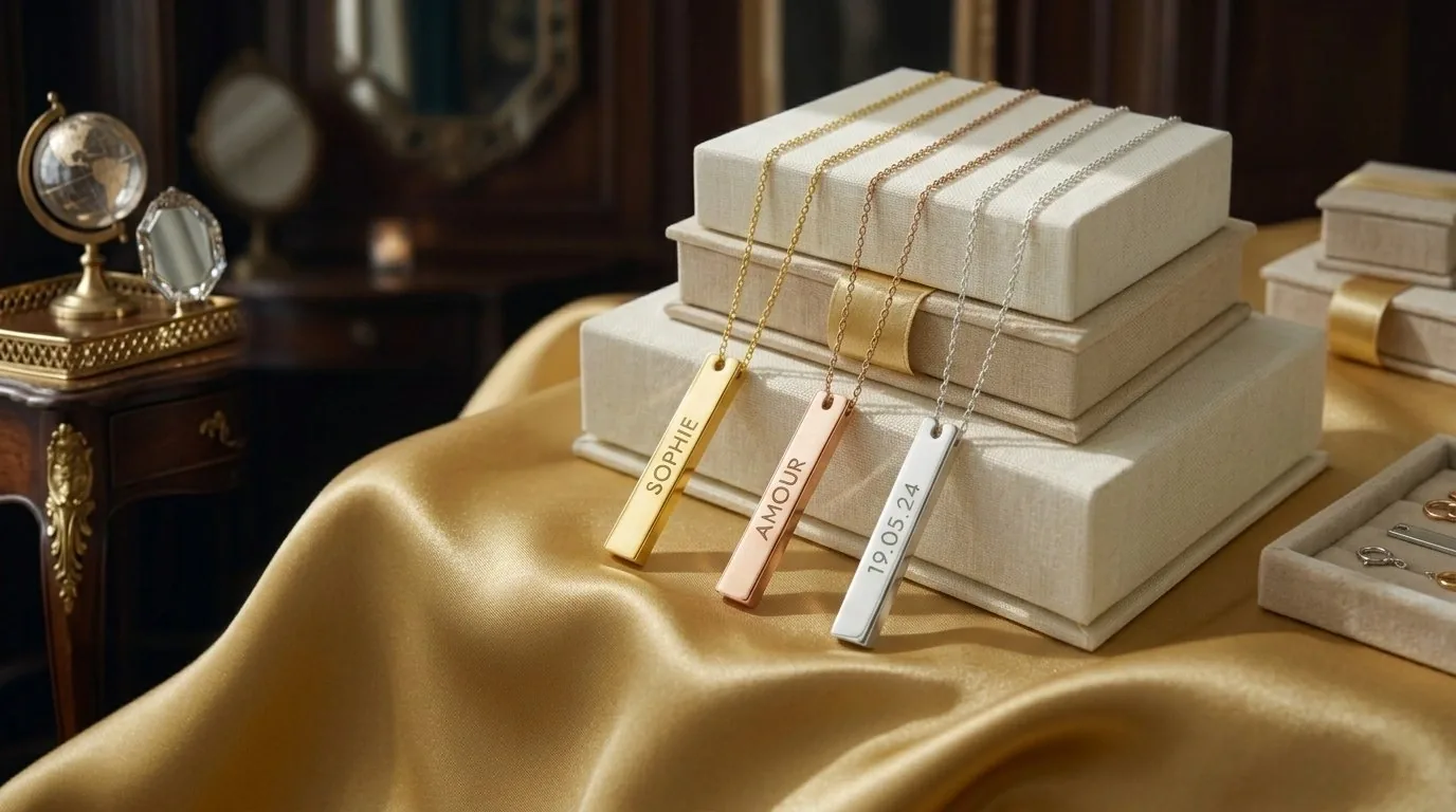 Collier Prénom Gravé 3 Finitions Or et Argent — Vue Ensemble Collier prénom gravé disponible en 3 finitions or 18k or rose argent — Oréa Joaillerie