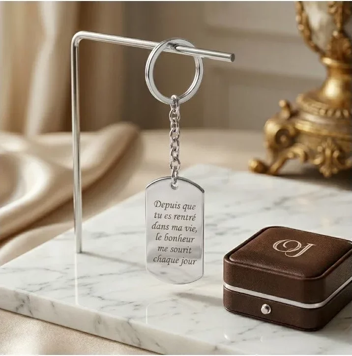 porte-cles-message-grave-argent Porte-clés message gravé personnalisé acier argenté — Oréa Joaillerie